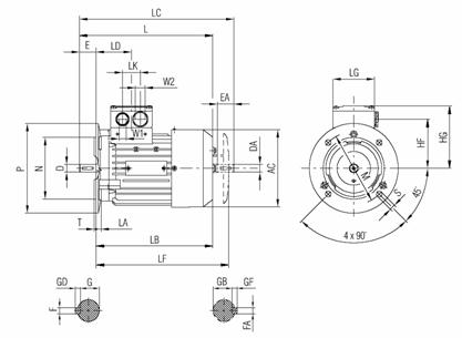 Габаритные и присоединительные размеры электродвигателя 1LA7 с 56 по 90 габарит (IMB5 - фланец)